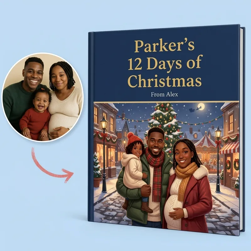 Interior page from a personalized 12 Days of Christmas book: a snowy winter day