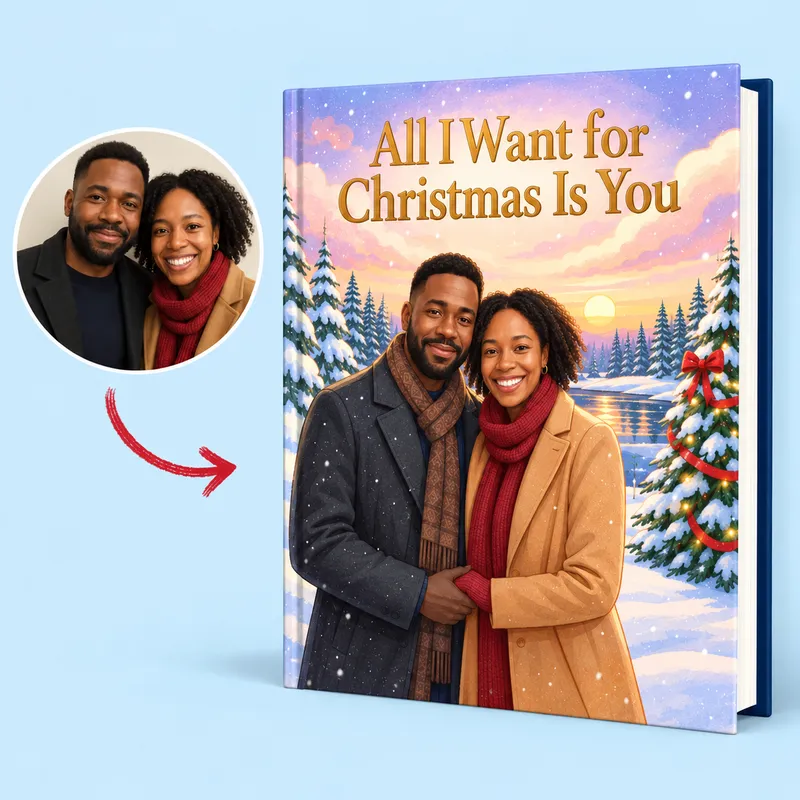 Winter Wonderland edition: a couple in the snow beside a frozen lake and a lit Christmas tree