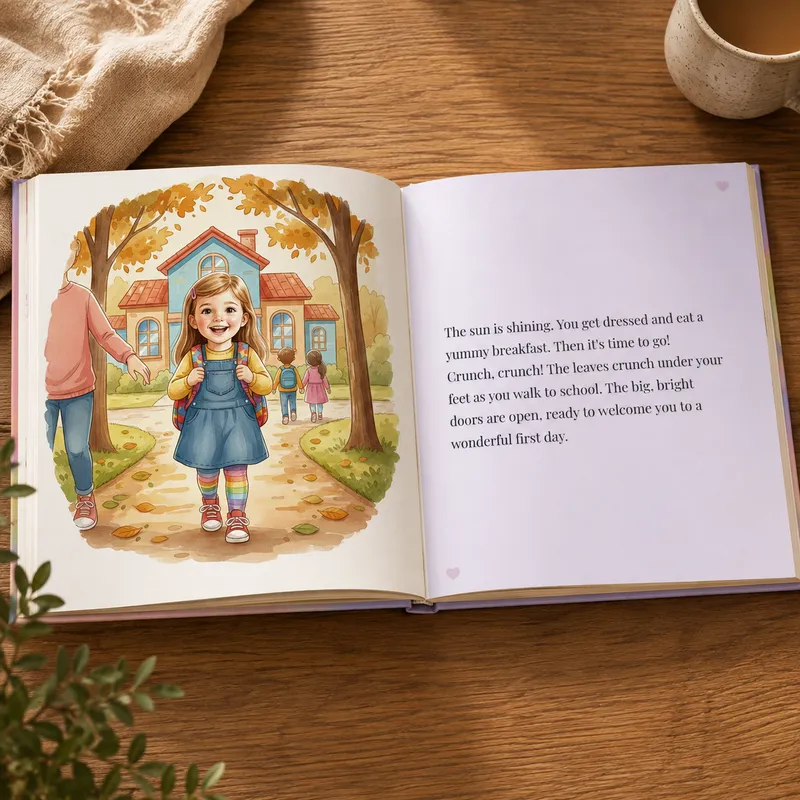 Inside pages of the personalized First Day of School book — illustration and story spread