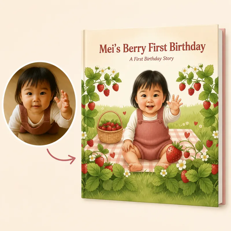 A baby's photo turned into Mei's Berry First Birthday storybook