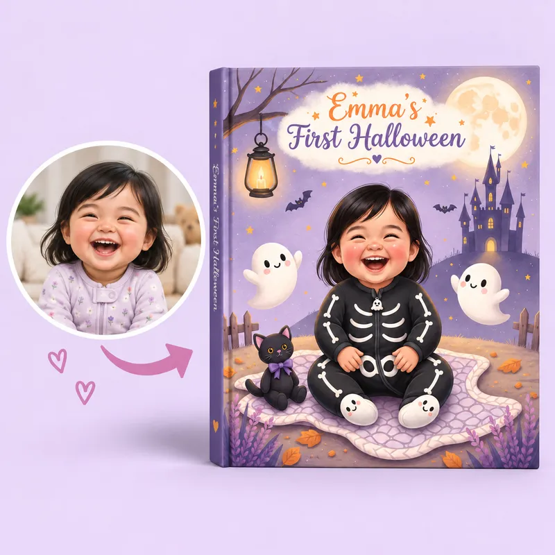 Friendly Ghosts world — the baby in a skeleton onesie beside a toy black cat, with smiling ghosts under a full moon