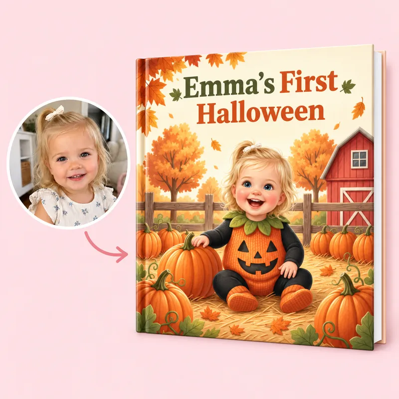 Pumpkin Patch world — the baby in a pumpkin costume sitting among pumpkins by a red barn