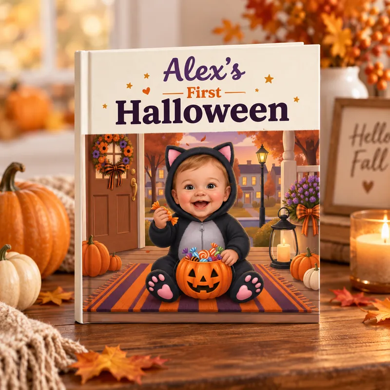 The personalized first Halloween book as a printed hardcover on a table with pumpkins and candles