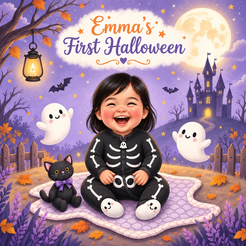 Friendly Ghosts world — the baby under a big moon with small smiling ghosts nearby