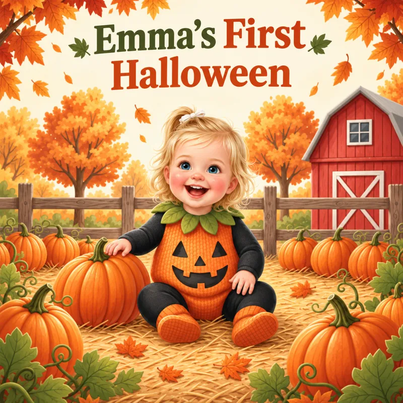 Pumpkin Patch world — the baby in costume among big pumpkins in golden afternoon light