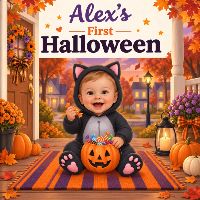Trick or Treat world — the baby carried up a decorated porch on Halloween evening