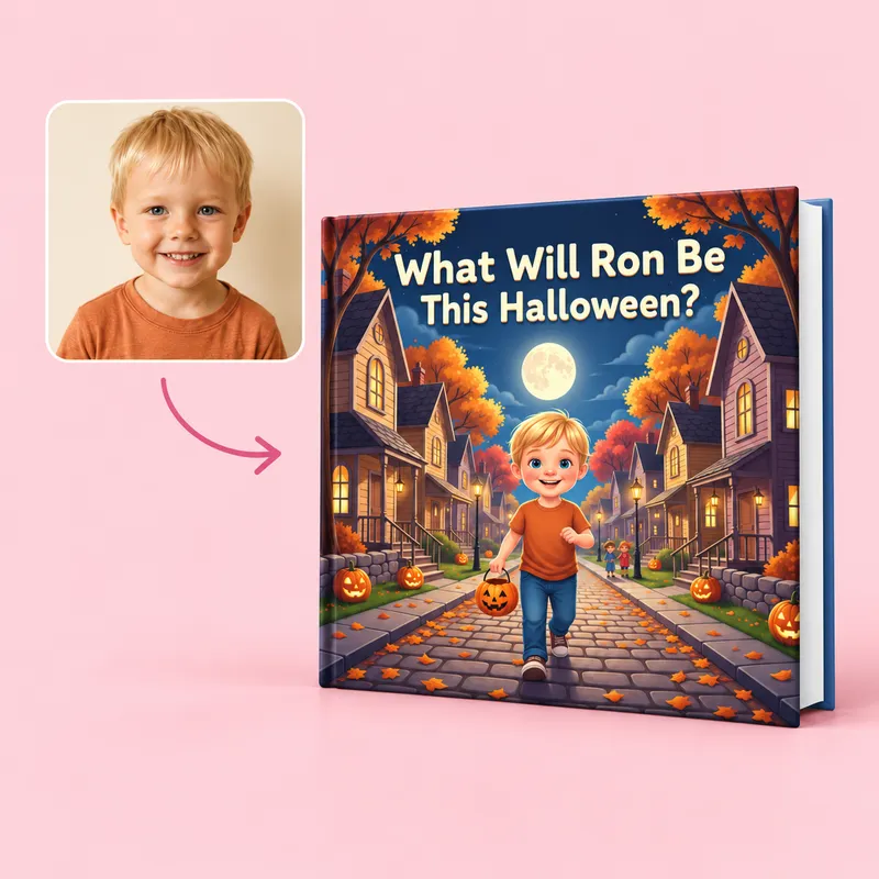 A child's photo turned into a personalized Halloween book — the child trick-or-treating down a lantern-lit street