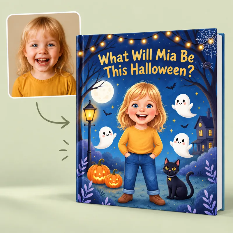 A child's photo turned into a personalized Halloween book — the child with friendly ghosts and a black cat on Halloween night