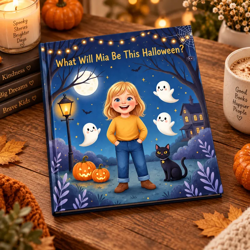 The personalized Halloween book as a printed hardcover on a table with candles and autumn leaves