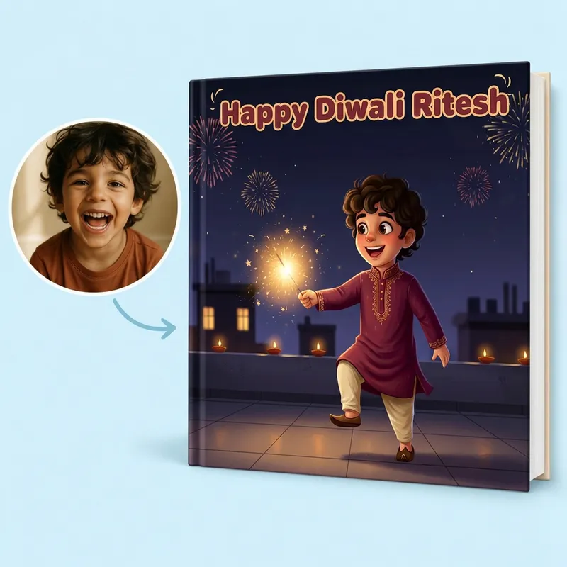 Sparkling Diwali theme — the child outside a home strung with fairy lights under a deep indigo sky