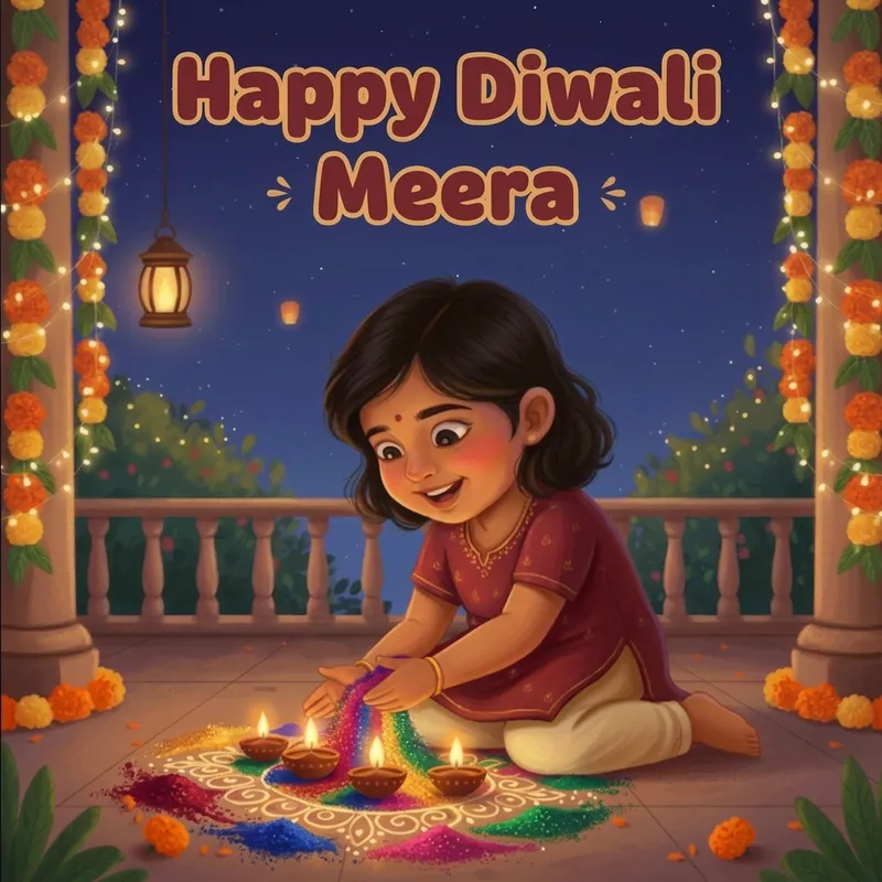Diya Glow theme cover — the child kneeling beside a row of glowing clay diyas in a warm cream doorway