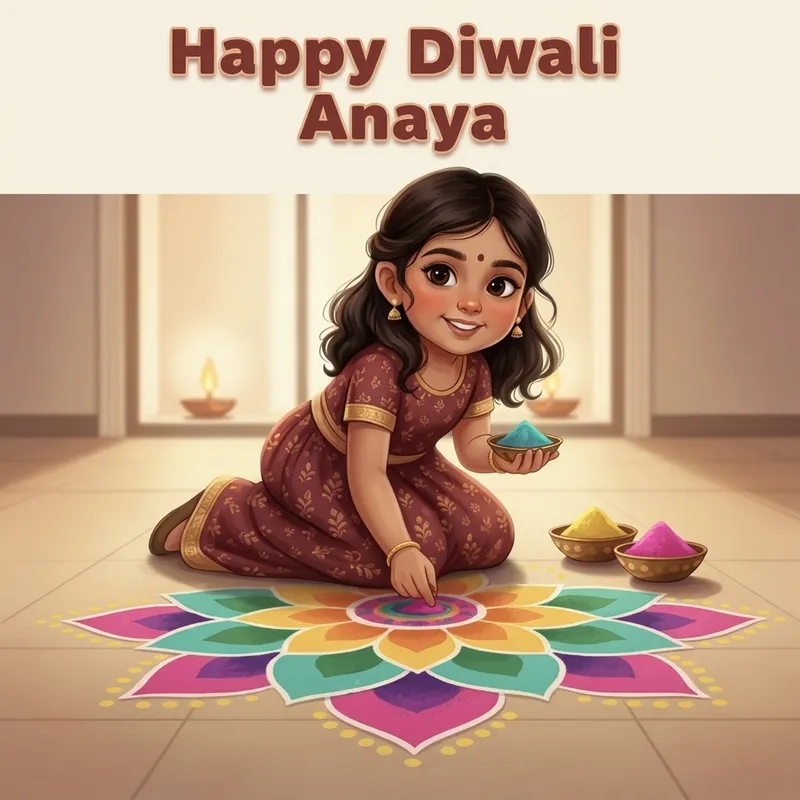 Rangoli Celebration theme cover — the child making a large turquoise and pink rangoli at the front door