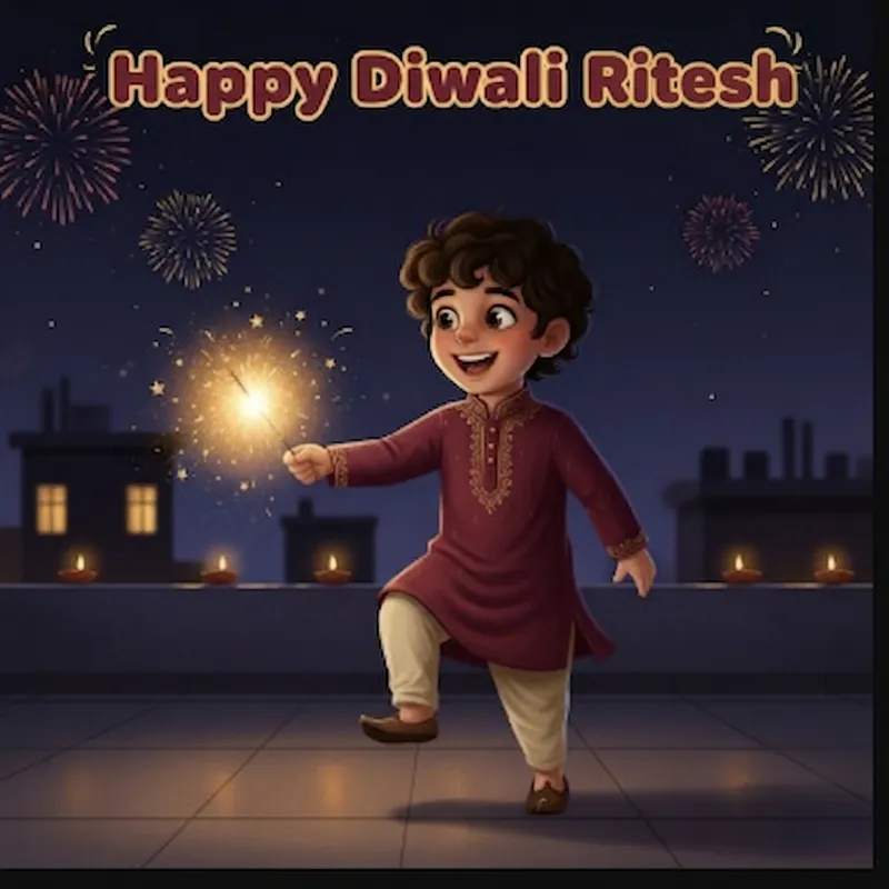 Sparkling Diwali theme cover — the child outside a home strung with fairy lights under a deep indigo sky