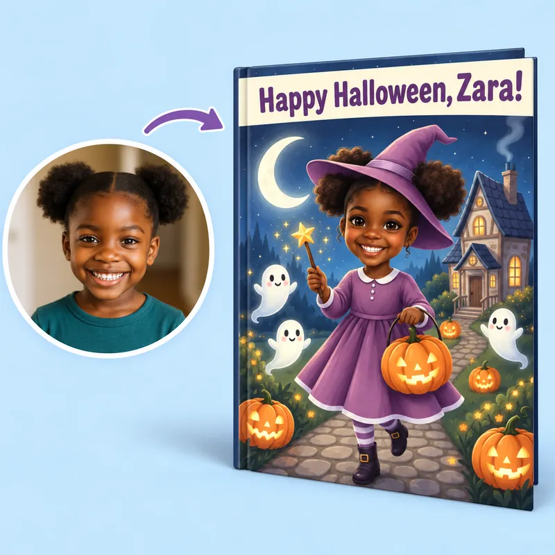 Friendly Ghosts world — the child as a little witch with a pumpkin bucket among smiling ghosts