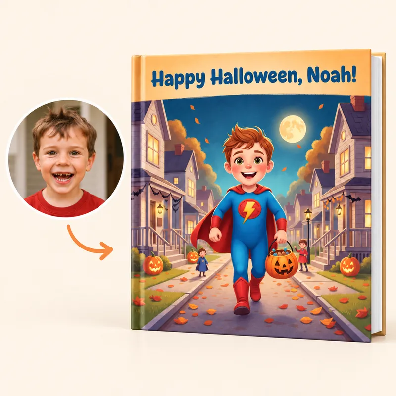 Trick or Treat world — the child as a superhero walking down a decorated Halloween street