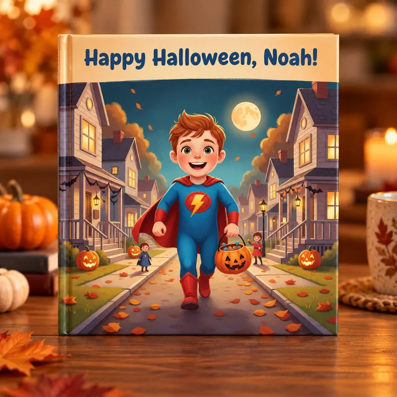 The personalized Halloween book as a printed hardcover on a table with pumpkins and autumn leaves