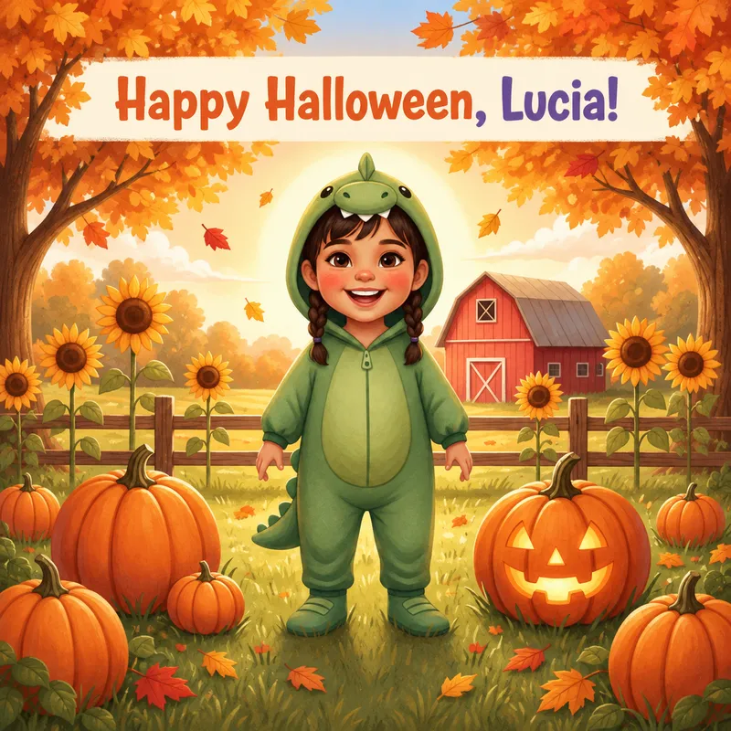 Pumpkin Patch world — the child in costume carrying a pumpkin through a sunny patch