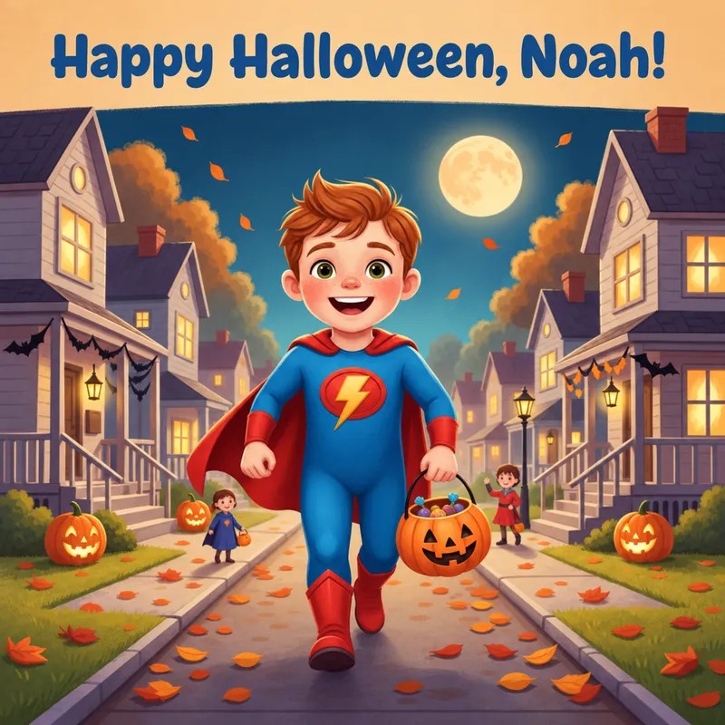 Trick or Treat world — the child in costume with a treat bucket on a decorated street
