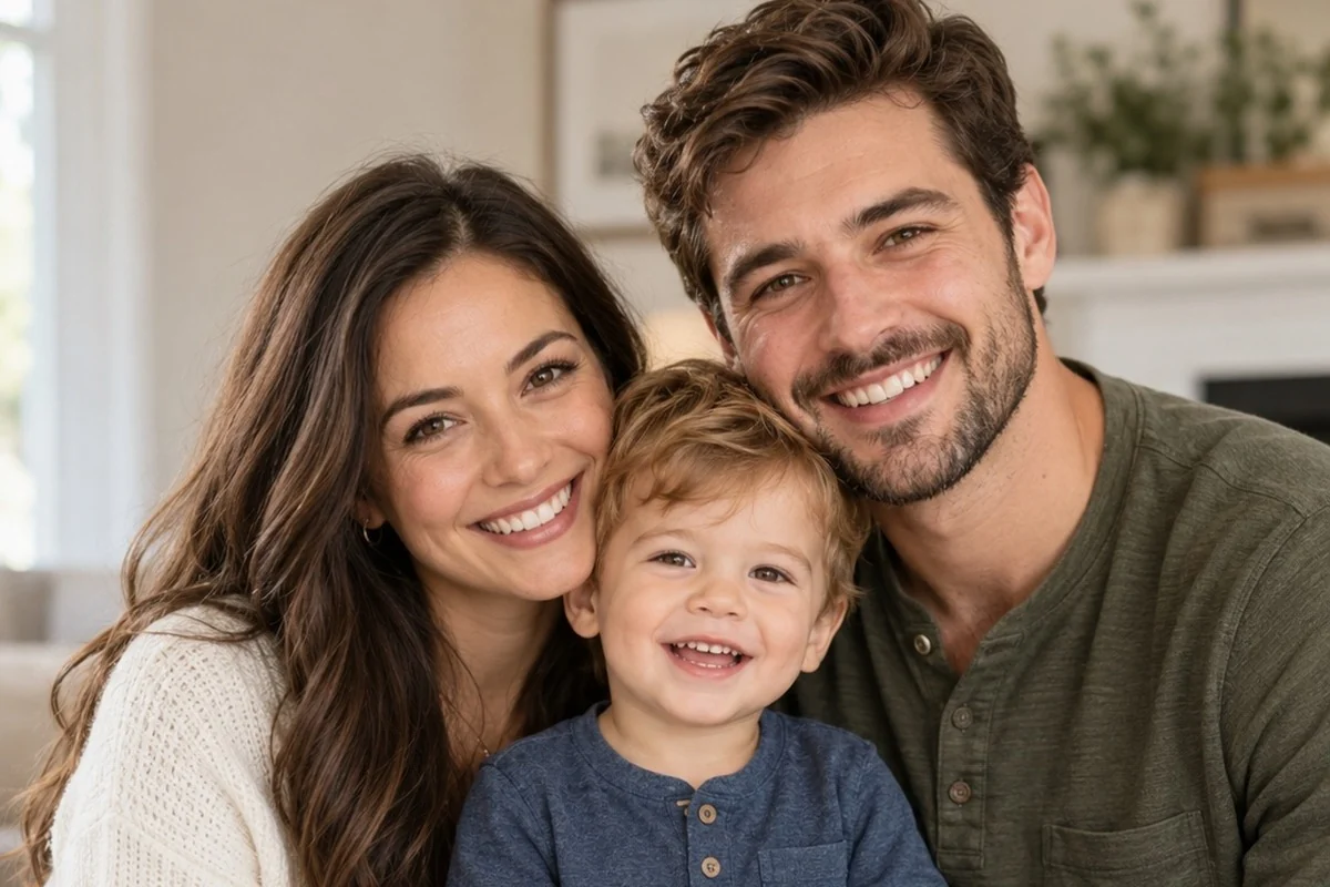 A smiling young child sitting between two parents