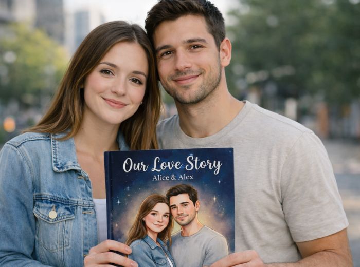 A real couple holding their personalized Our Love Story book, with the two of them illustrated on the cover