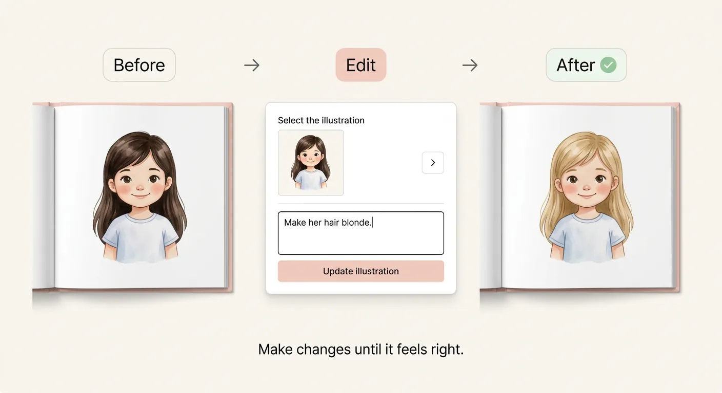 Before: an illustrated girl with dark brown hair. Edit: the request 'Make her hair blonde.' After: the same illustration with blonde hair