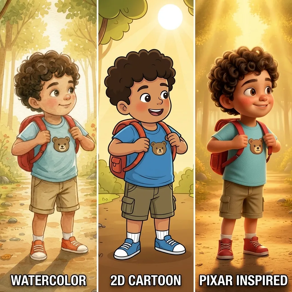 The same curly-haired boy with a red backpack drawn three ways: Watercolor, 2D Cartoon and Pixar-inspired