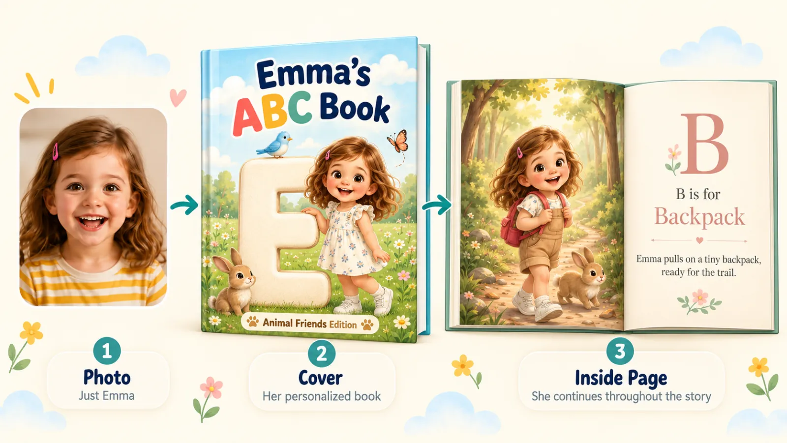 Emma's photo, then her personalized ABC book cover, then an inside page where she appears again: B is for Backpack