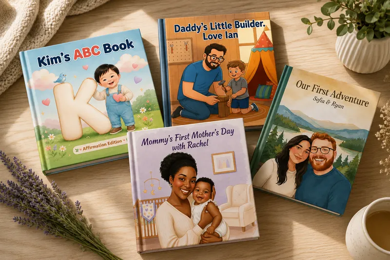 A collection of personalized hardcover books — a kids' ABC book, a dad-and-child story, a first Mother's Day book, and a couple's keepsake — arranged on a table