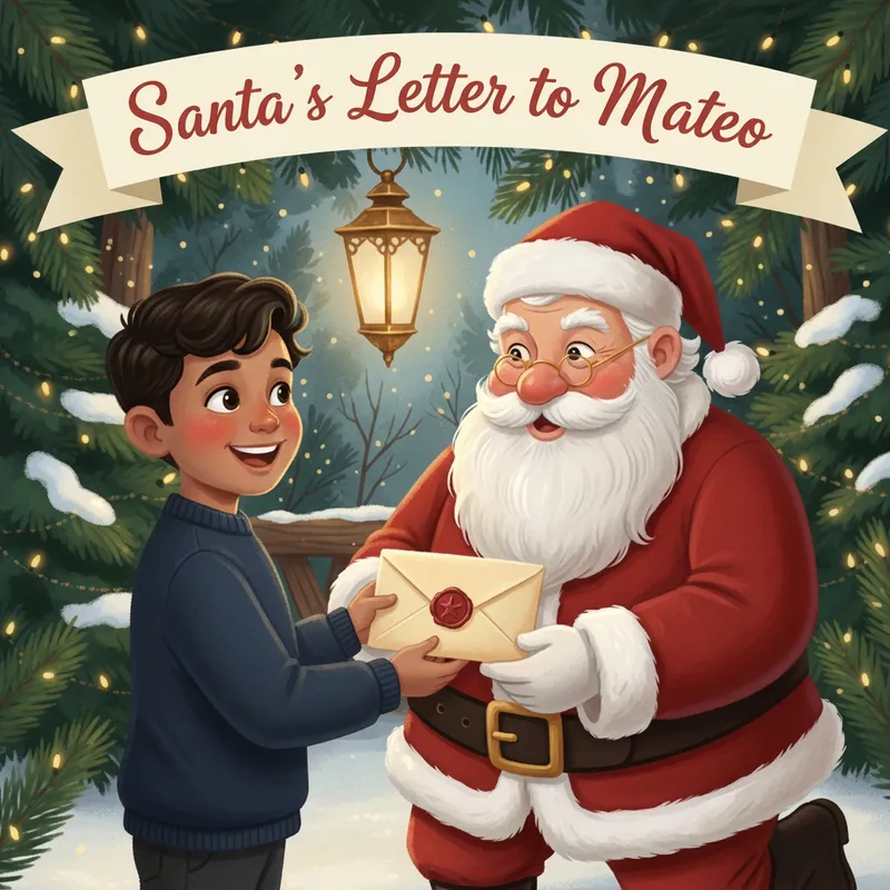 Christmas Green cover — Santa handing the child a letter in a pine and candlelight world