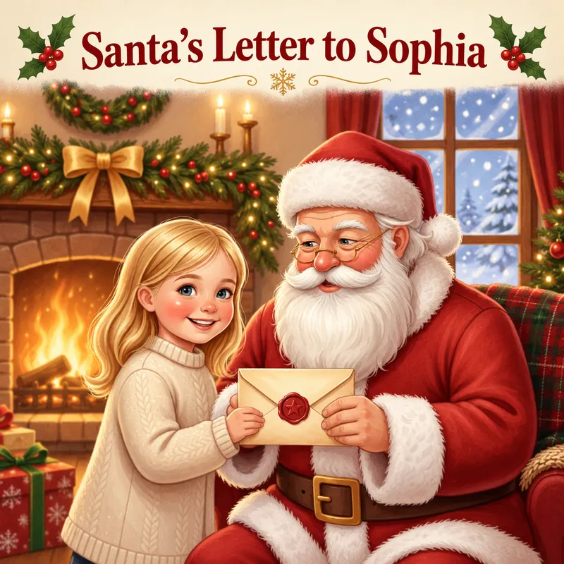 Classic Red cover — Santa handing the child a letter in a warm red Christmas world