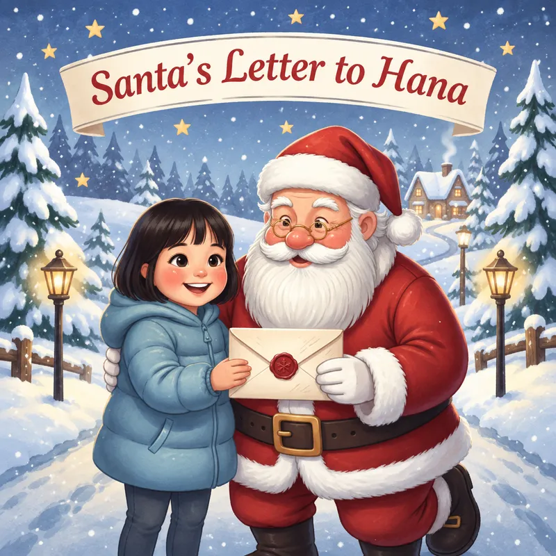 Winter Blue cover — Santa handing the child a letter under a snowy northern sky